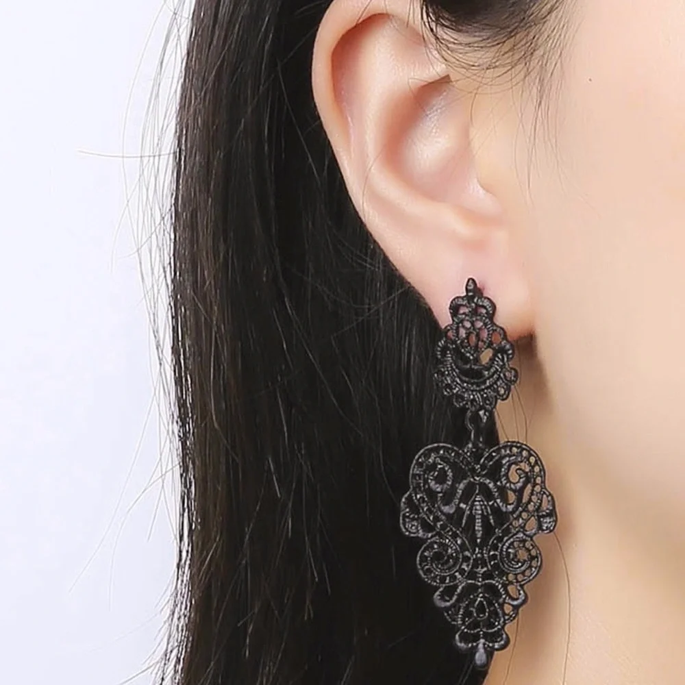 Black Lace Statement Drop Earrings - Picture 5 of 9